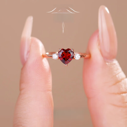 Qianqimeng 18K gold ruby ring natural red garnet gem S925 silver plated simple heart-shaped 6MM heart-shaped gemstone girl style daily commuting