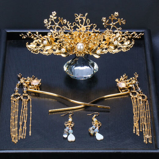 Lingchuan Xiuhe bridal headdress Chinese style wedding simple and elegant Xiuhe step shaking tassel wedding hair accessories ancient costume phoenix crown girl 18365 full set + bracelet ear hook style