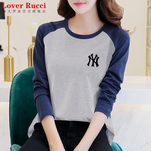 LOVER RUCCI French European women's long-sleeved versatile loose raglan sleeve T-shirt spring and autumn new pure cotton T-shirt women's casual gray blue sleeves (regular style) black picture, right chest L