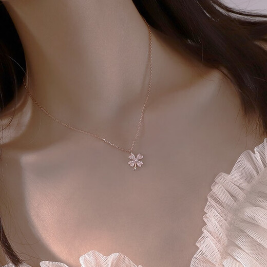 Fakou color gold necklace women's silver four-leaf clover pendant clavicle chain neck necklace birthday gift for girlfriend and wife rose gold