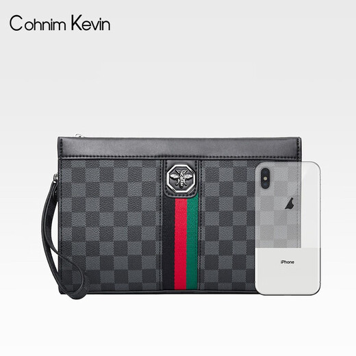 Cohnim kevin奢侈品男士手包手拿拉链男包手抓长钱包送老公男友父亲节生日礼物 【专柜款】c222格子纹