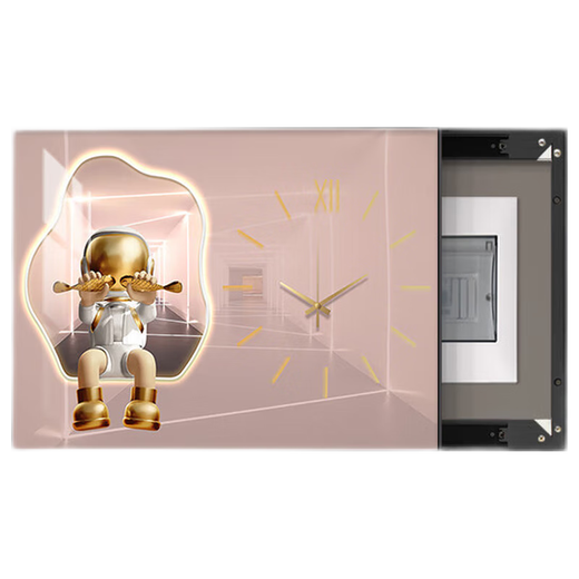 
Chengzi Light luxury electric meter box decoration painting with clock distribution box cover without holes Modern simple hanging painting Astronaut clock K11968 60*45cm (block 50*35) black frame with cover