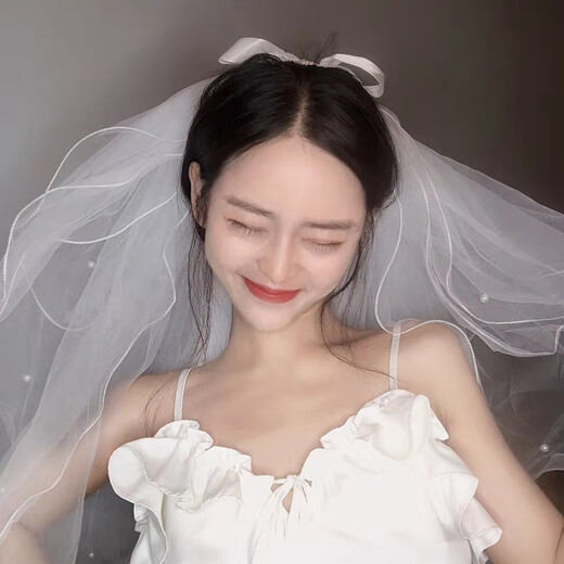 SHANGGE Veil Bow Beaded Wedding Dress Tiara Chinese Valentine's Day Confession Proposal High-end Props Photography Decorative Veil Double Curved Beaded Bow (Metal Hair Comb) 60cm