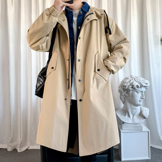 洛夫伦春季新款大衣风衣男中长款大码宽松休闲潮流男装过膝大衣连帽外套 黑色 常规 厚度 2XL （适合160-175斤）