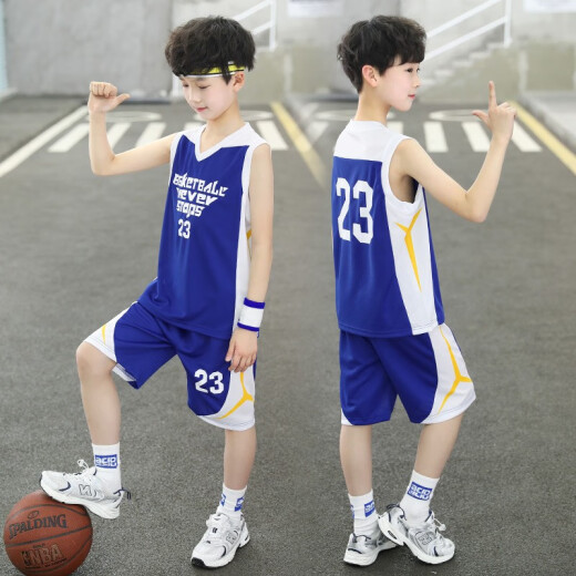 Leco Duck Boys' Sports Suit Summer New Ball Clothes for Big Boys and Baby Summer Children's Sports Suit Quick-drying Blue 0216 Style 150