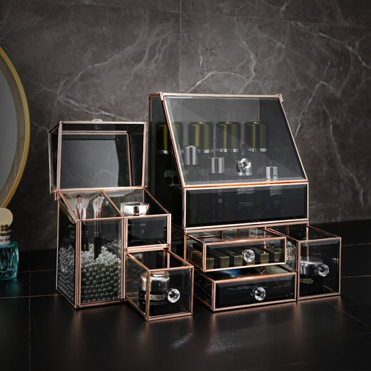 KAMAN Glass Cosmetics Storage Box Light Luxury Dustproof Desktop Dressing Table Skin Care Product Storage Rack 520 Gift for Wife Gilt Set of Two Dustproof Top + Three Drawers