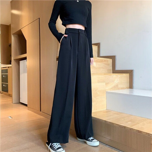王熙麦阔腿裤女裤高腰垂感显瘦黑色百搭休闲直筒宽松西裤春秋季拖地长裤 1047#【黑色一纽扣款】 S 【建议94斤内穿】
