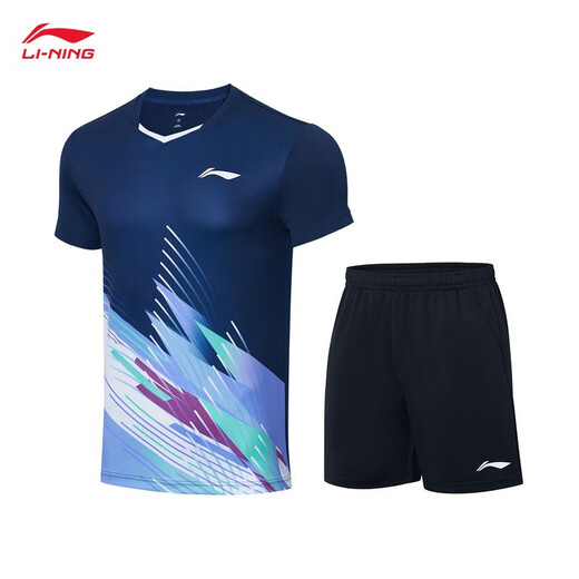李宁羽毛球服男女排汗吸湿速干凉爽运动比赛套装T恤羽毛球短袖短裤 AATT021 深航舰蓝-1 XL