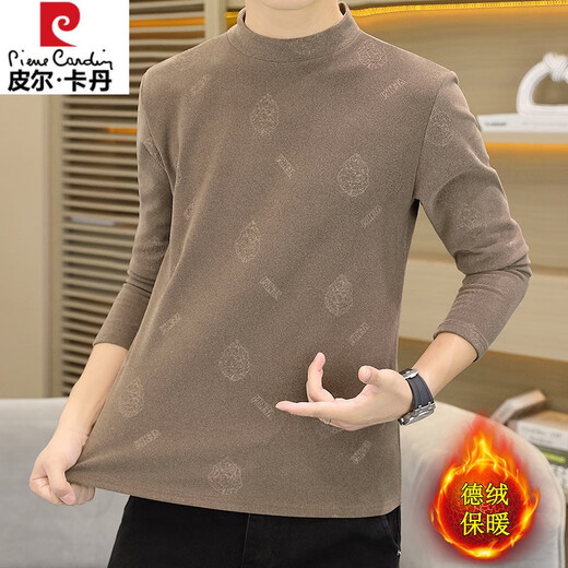 皮尔卡丹双面德绒男士保暖t恤内衣上衣单件冬季校服内搭中领打底衫高中生 9902咖色 2XL 135-150斤