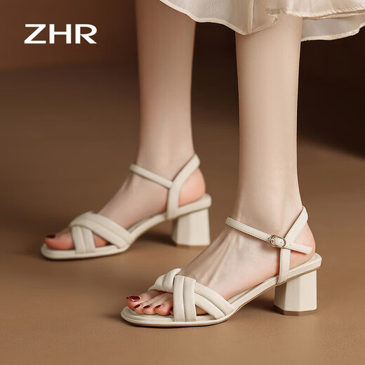 ZHR凉鞋女夏季优雅一字带粗跟女鞋温柔纯色高跟鞋子女 Y683 米色 37 