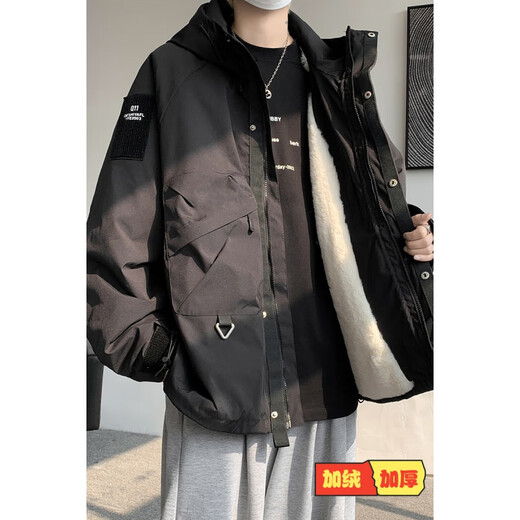 Poke Workwear Assault Cotton Clothes Men's Winter Velvet Thickened Lamb Velvet Extra Large Size Cotton Jackets Loose and Handsome Cotton Jackets Black Velvet Style 2XL 140-160Jin Jin is equal to 0.5 kg