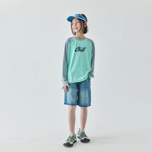 Kechu 24 summer new parent-child cool contrasting raglan sunscreen T-shirt UPF50+ children's round neck long-sleeved top navy blue and pink 165cm