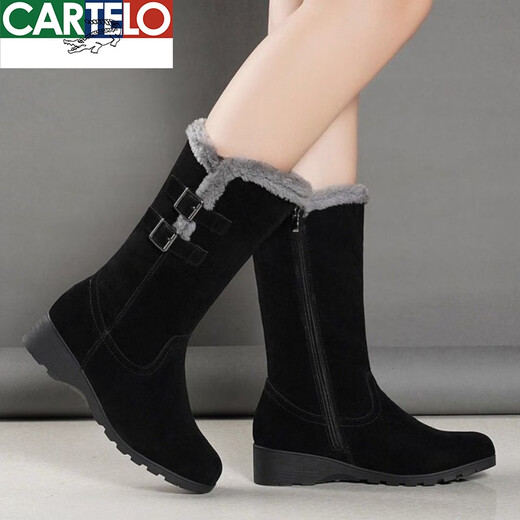 
CARTELO crocodile (CARTELO) plus velvet thickened snow boots for women in winter fur integrated boots flat sole non-slip mid-boots warm mother cotton shoes 719 black 36