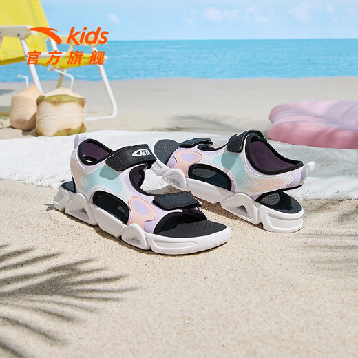 ANTA children's sandals, beach shoes for girls and boys, 2026 summer new style, breathable, comfortable, soft, open-toed students, light fog purple/Anta white/black-1 38