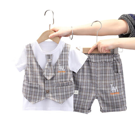 G.DUCKKIDS children's clothing boys' suit summer thin fake three-piece children's summer clothing pure cotton baby clothes small and medium-sized children's short-sleeved T-shirt 9202IM vest short-sleeved gray 100 Recommended 90-100cm3-4 years old