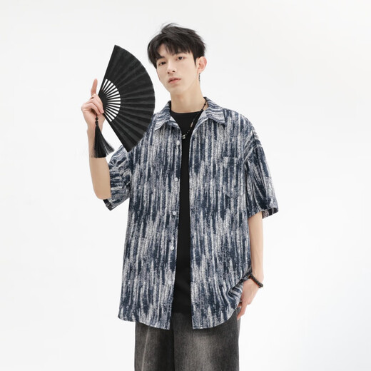 港莲娅夏威夷风短袖花衬衫男冰丝凉感夏季海边沙滩宽松休闲五分袖上衣服 h-6629马达加斯加黑 M  (建议110-130斤)