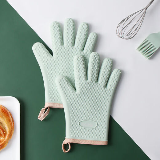 Home kitchen silicone anti-scalding thickened heat insulation gloves baking tray high temperature oven microwave oven special gloves spruce green five-finger large one