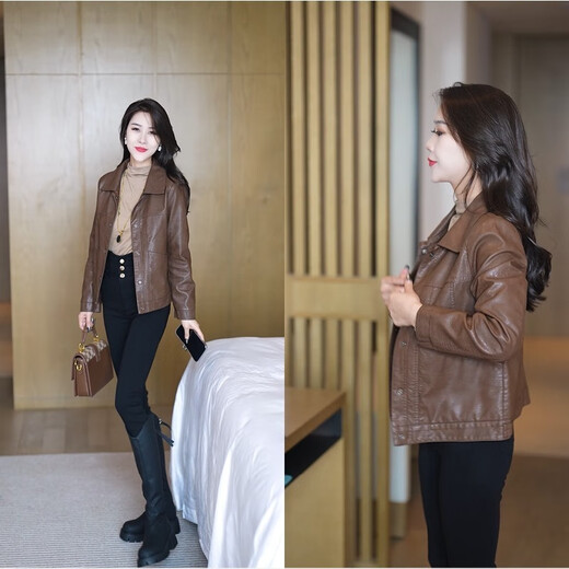 Yi Ling Short Leather Jacket Women's Autumn 2025 New Style Versatile Fashionable Washed Leather Jacket Top Coat Women Black L 100-110Jin Jin is equal to 0.5 kg
