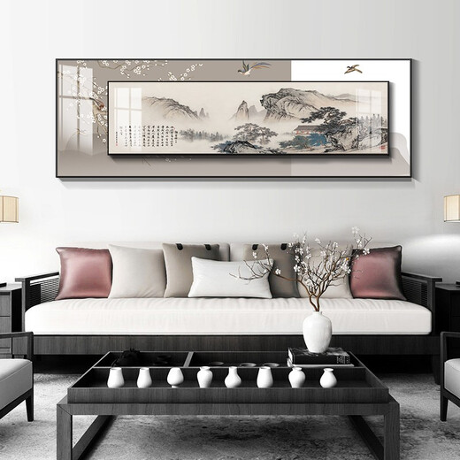 Mopai New Chinese style living room decoration painting sofa background wall mural modern simple and atmospheric banner landscape superposition painting humble room inscription large 200*70+small 160*50 crystal porcelain