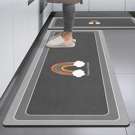 Mihou Kitchen Special Floor Mat Household Water-Absorbing, Oil-Absorbing and Dirty-Resistant Floor Mat Long Non-slip and Wear-Resistant Kitchen Mat Supports Customization Simple Rainbow-Dark Gray 50*80+50*180 Set