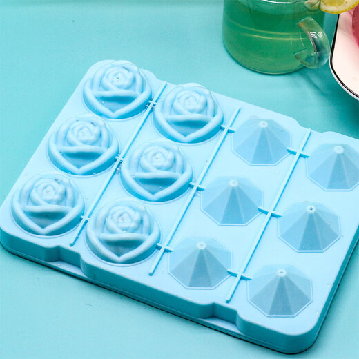 Jieyi Silicone Ice Tray 12 Rose Ice Tray Ice Ball Mold Household Ice Cube Ice Maker Whiskey Commercial Large Round Blue 12 Grids (Rose Diamond)