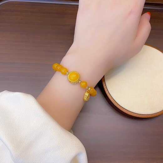 Holy glass golden yellow beeswax carved small shoe tassel bracelet showing white Nepal amber bracelet ancient retro style jewelry for women beeswax small shoe tassel bracelet