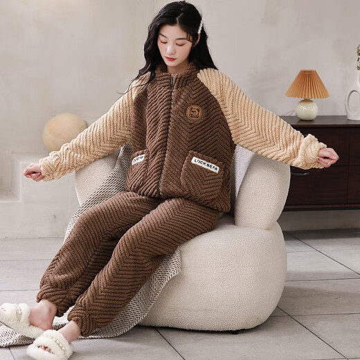 取纯睡衣女秋冬季法兰绒加绒加厚珊瑚绒甜美可爱冬天女圆领家居服套装 9712可可棕 M:适合穿着体重80斤-100斤