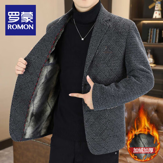 ROMON woolen casual suit men's jacket autumn and winter thickened velvet warm fashion small suit embroidered woolen jacket dark gray XL 120-140Jin Jin equals 0.5 kg
