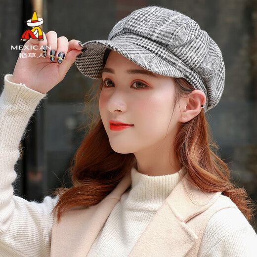 Scarecrow (MEXICAN) Hat Women's Autumn and Winter Cute Korean Versatile Japanese Painter British Newsboy Hat Octagonal Hat Beret Woolen-Red