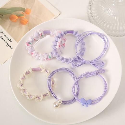 Jieweiyi pearl headband women's new style hair tie high-end simple high-elastic leather sheath durable rubber band hair tie BH-FQ127 purple series 6-piece set