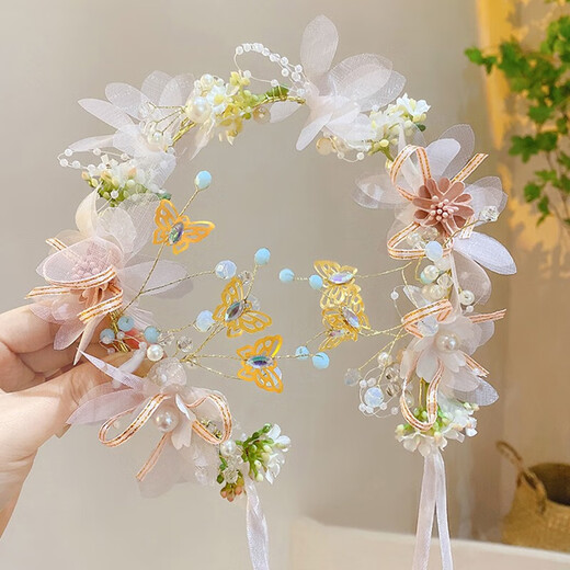 Bai Qixin Children's Crown Garland Headdress Hairpin Girl Hairband Wedding Spring Outing Flower Girl Birthday Headdress Fairy Performance Accessories Fruit Green Beaded Flower Streamer - One Size