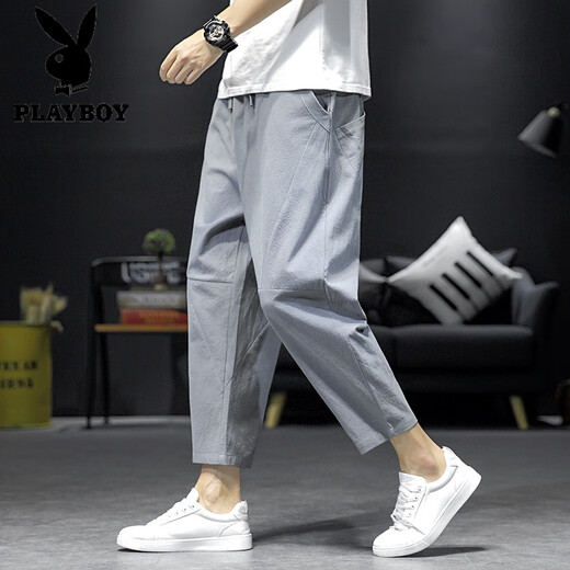 花花公子（PLAYBOY）亚麻九分裤男裤子棉麻哈伦裤日系复古休闲裤潮牌宽松灯笼裤薄 黑色 L 115-125斤
