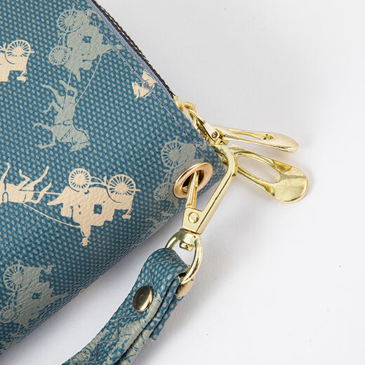 Cartera con doble cremallera para mujer, estilo coreano largo, nueva cartera de gran capacidad de doble capa, bolso de mano estampado, bolso retro para teléfono móvil, azul