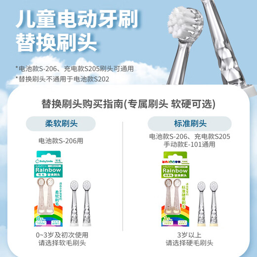 BabySmileRainbow儿童电动牙刷婴幼儿宝宝电动牙刷专用替换刷头软毛硬毛0-3-12岁 标准毛2支装-适配204-205-206