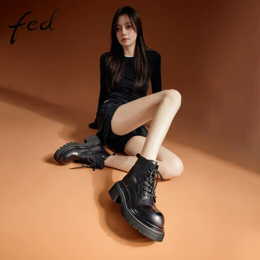 Fed echte Leder-Martin-Stiefel für Frauen im Winter Neue Frauenstiefel dicke Absatzstiefel Black Motorrad Stiefel für Frauen D1105-YA930 Black 34