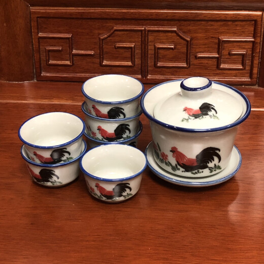 Tillerson Chicken Male Bowl Covered Bowl Retro Style Porcelain Blue and White Porcelain Kung Fu Tea Set Ceramic Tea Cup Rooster Household Green Chicken Tea Cup 10 pcs