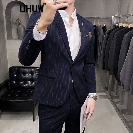 
UHUW suit men's striped men's slim Korean style casual small suit business formal wear groom wedding dress dark gray suit + trousers + vest) shirt + tie 3XL