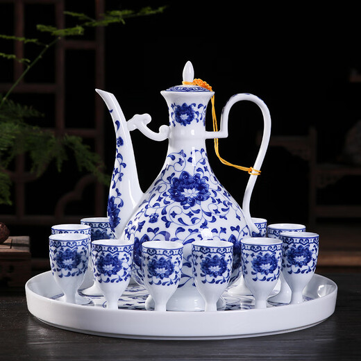 Xihe Yinyao Xihetang Jingdezhen Ceramic Wine Set Liquor Goblet Spirit Cup Blue and White Flask Set Wine Cup Tangle Lotus Style (1 Pot, 10 Cups, 1 Tray)