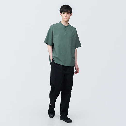 MUJI Men's Cool Henley Collar Short Sleeve T-Shirt Men's Bottoming Shirt Men's Top AC1W6C4S Smoked Green M (170/92A)