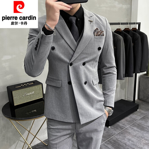 Pierre Cardin double-breasted suit suit for men, casual business suit, groom's wedding dress, handsome slim fit suit for men, medium gray two-piece suit (suit + trousers) 2XL (140-150Jin Jin is equal to 0.5kg)