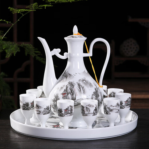 Xihe Yinyao Xihetang Jingdezhen Ceramic Wine Set Liquor Goblet Spirit Cup Blue and White Flask Set Wine Cup Tangle Lotus Style (1 Pot, 10 Cups, 1 Tray)