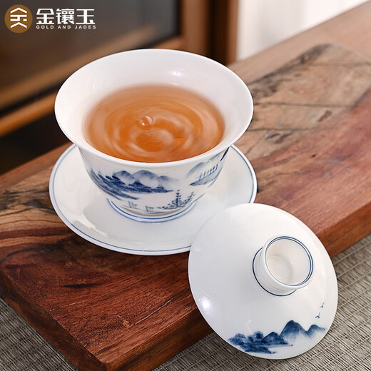 Gold-inlaid jade covered bowl tea set Kung Fu teacup set mutton-fat jade ceramic hand-painted landscape household simple three pieces close to mountains and rivers