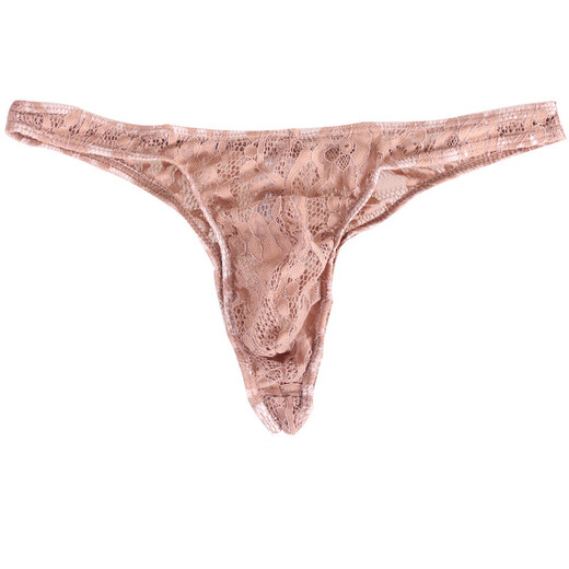 Adult beauty private delivery thong men's low-waisted sexy transparent lace underwear buttocks revealing pants U convex bag blue XXL