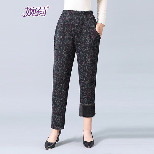 Wanhe winter clothing for middle-aged and elderly people, cotton pants, women's pants, mother's pants, winter thickened outer wear, loose plus velvet elastic waist, 60-year-old 70-year-old lady, winter high-waist print, black flower 3XL