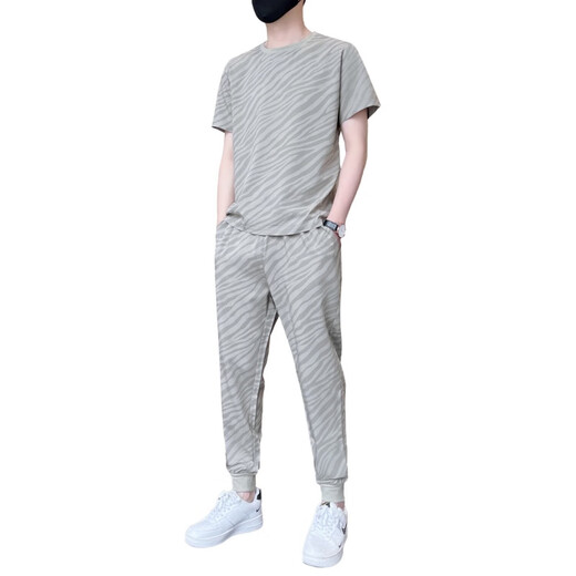 NASA RHUDE夏季冰丝短袖T恤运动套装男潮牌男装套装潮流休闲男夏天衣服夏装 719卡其(短袖+长裤) M (90-115斤)