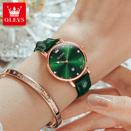 Olius Swiss certified watch women's fashion watch waterproof belt women's watch retro small green watch female student watch 5505-green leather rose green watch women's watch