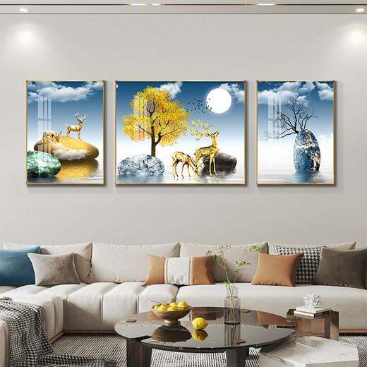 桐迪现代简约客厅装饰画沙发背景墙壁画新中式一帆风顺挂画大厅墙上画 2 福禄延绵14122  烤瓷镶钻中间140*90边70*90黑框