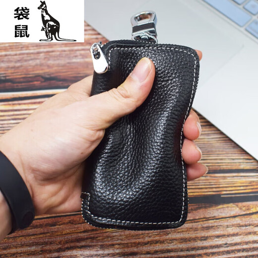 袋鼠新款手工做内外头层牛皮锁匙包家用多功能牛皮卡片包收纳钥匙包 宝蓝色