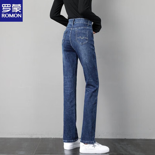 ROMON straight-leg plus velvet thickened jeans for women in autumn and winter new high-waist elastic women's pants large size loose cigarette pants 209 # dark blue plus/velvet straight long/pants 28