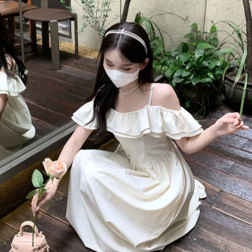 FSHE一字肩吊带连衣裙女设计小众夏季2025法式温柔初恋收腰裙子 1098# L码建议100-110斤